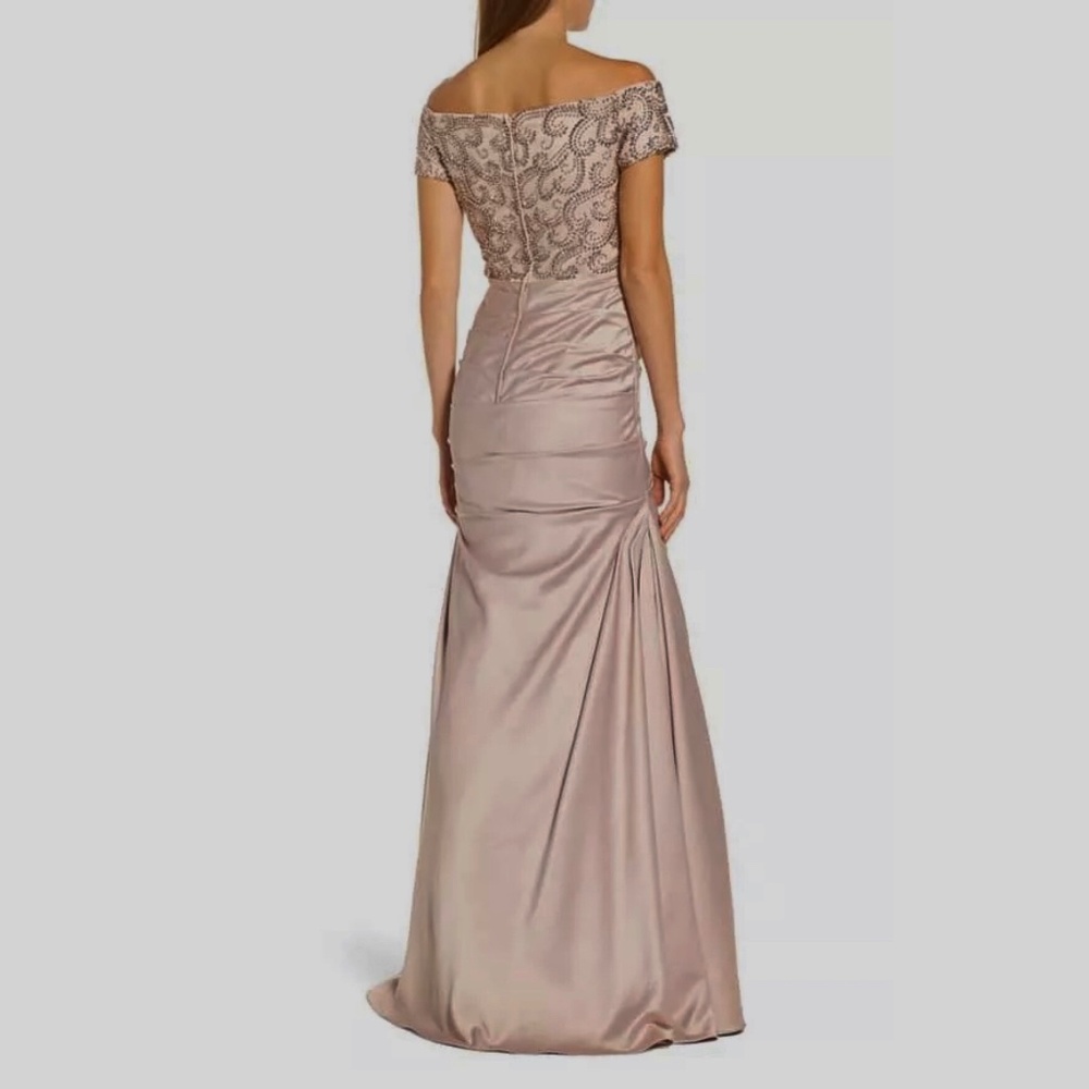 NWOT La Femme 25996 Off the Shoulder Beaded Satin Trumpet Gown, Size 2 - Picture 7 of 10